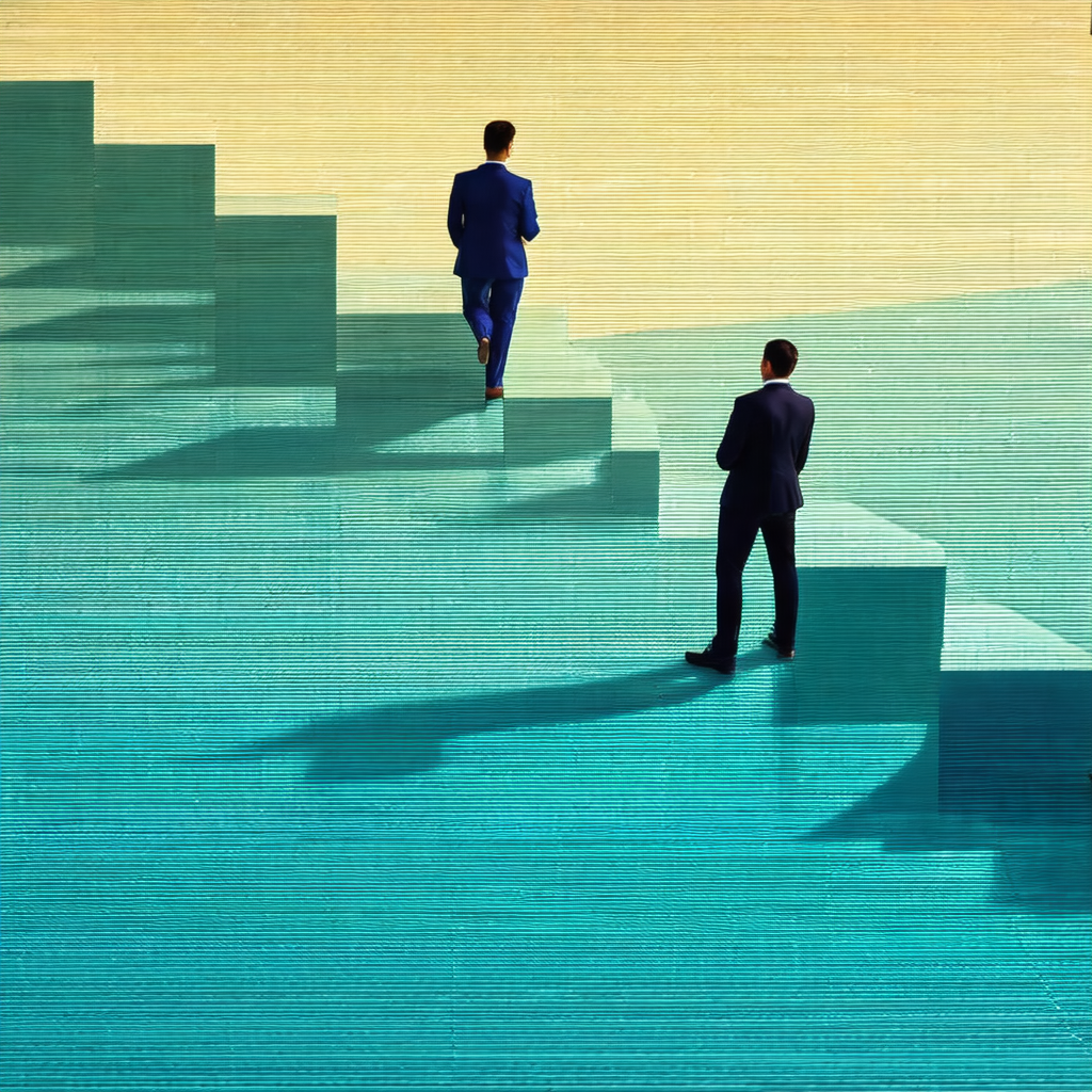 Two men standing on a blue carpeted floor