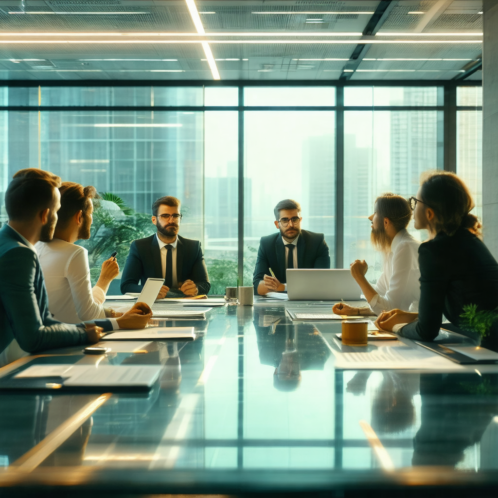 Group of people sitting around a large conference table, ...