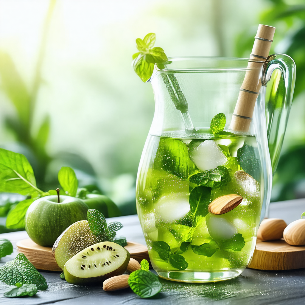 Pitcher of green tea with mint leaves, placed on a wooden...