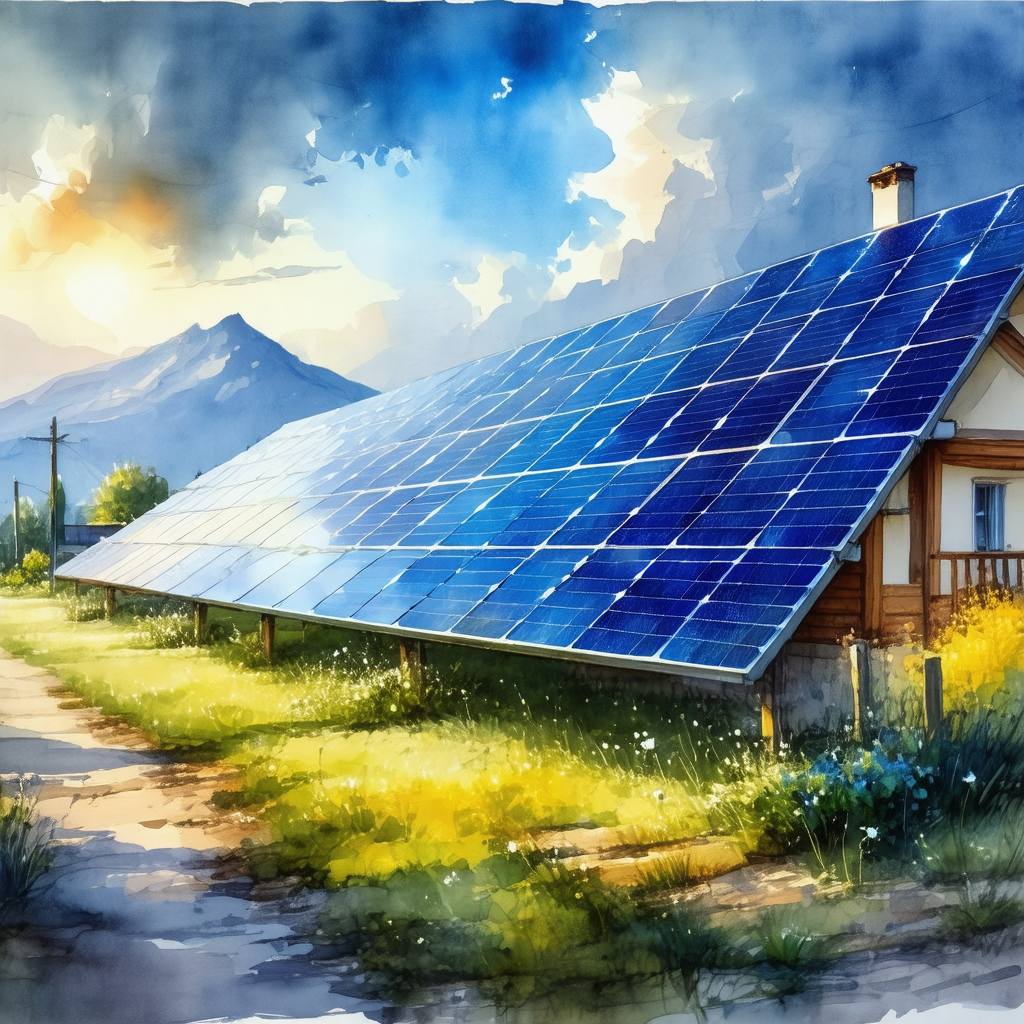 Small house with a solar panel roof, situated in a rural ...