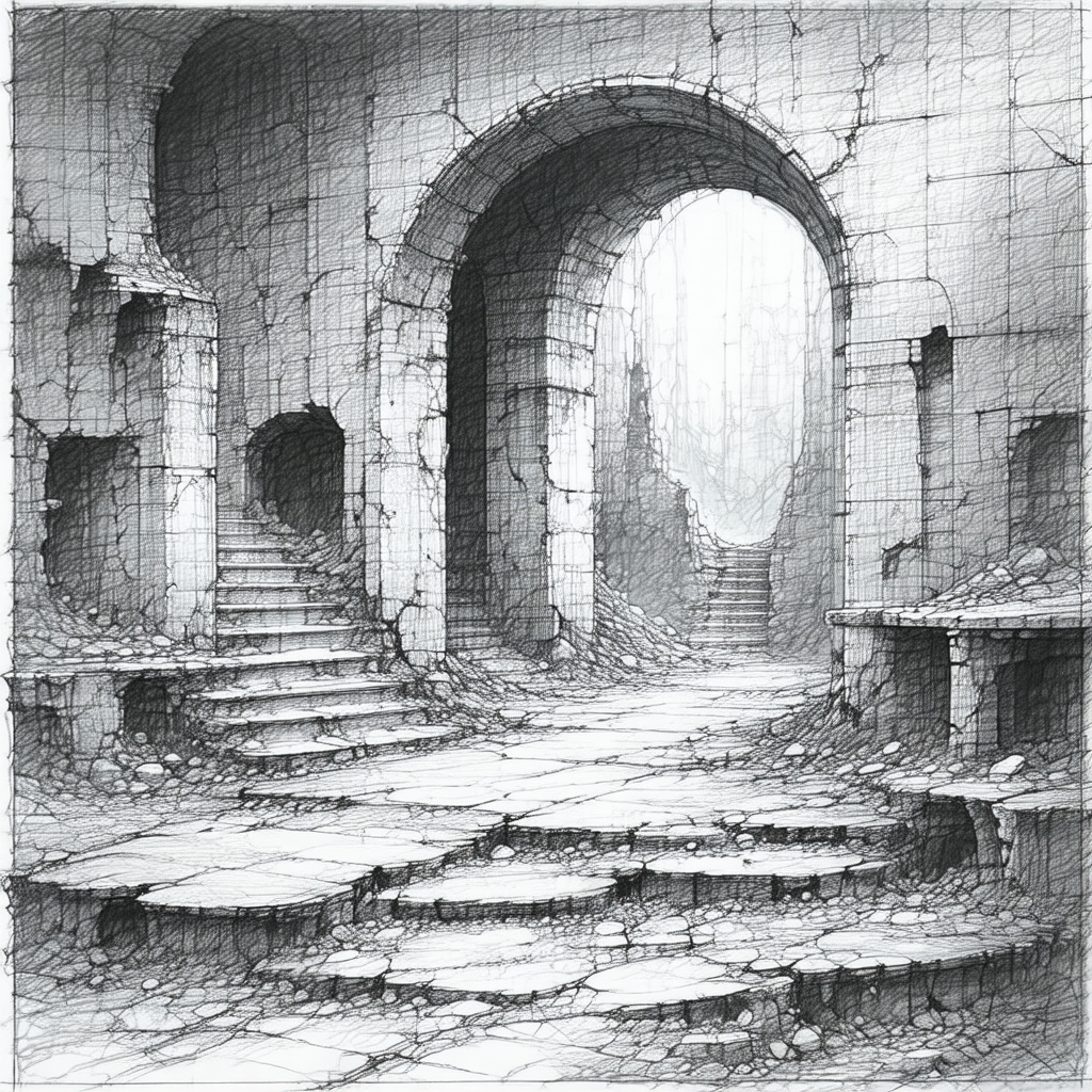 Black and white drawing of a stone staircase leading to a...