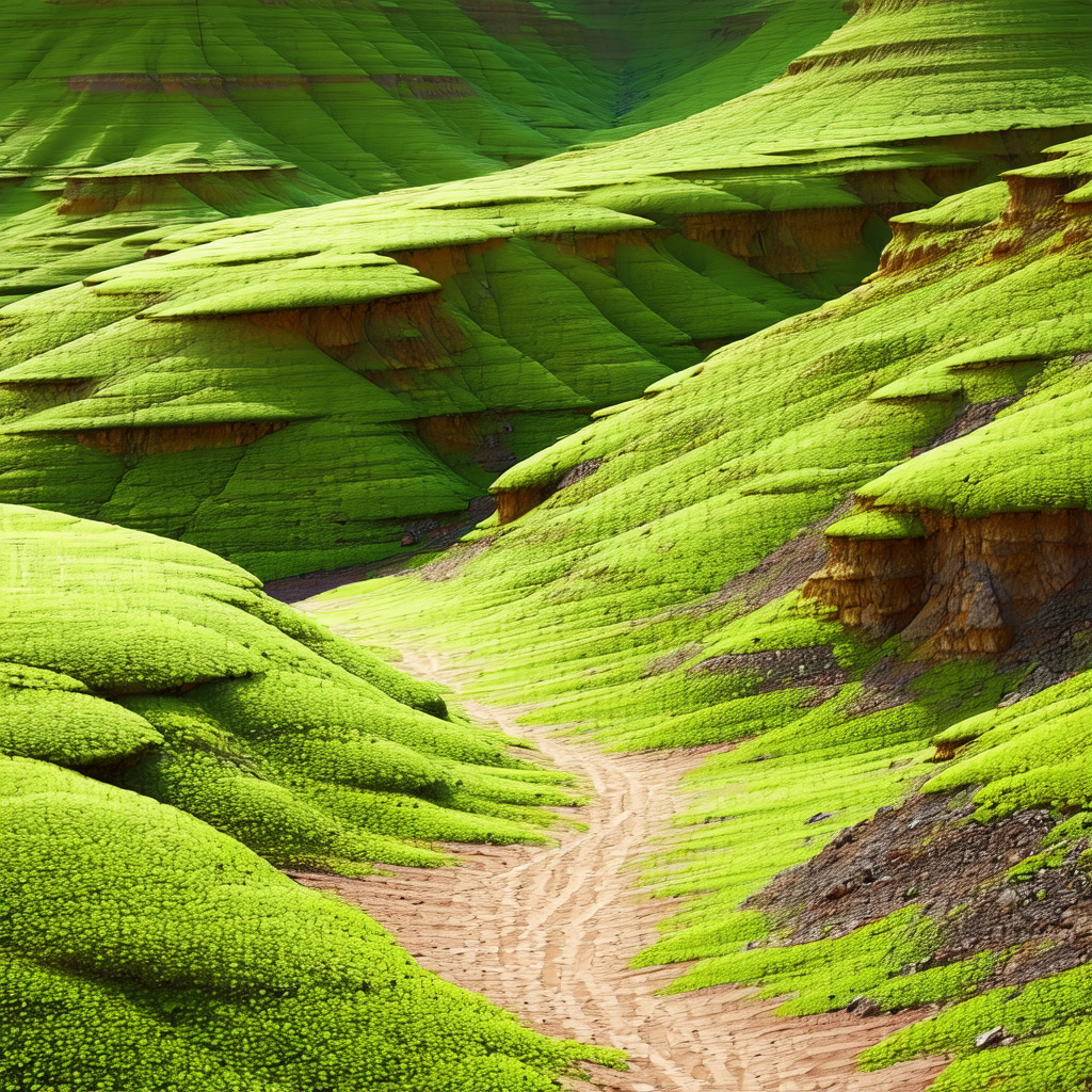 Lush green hillside with a dirt road running through it
