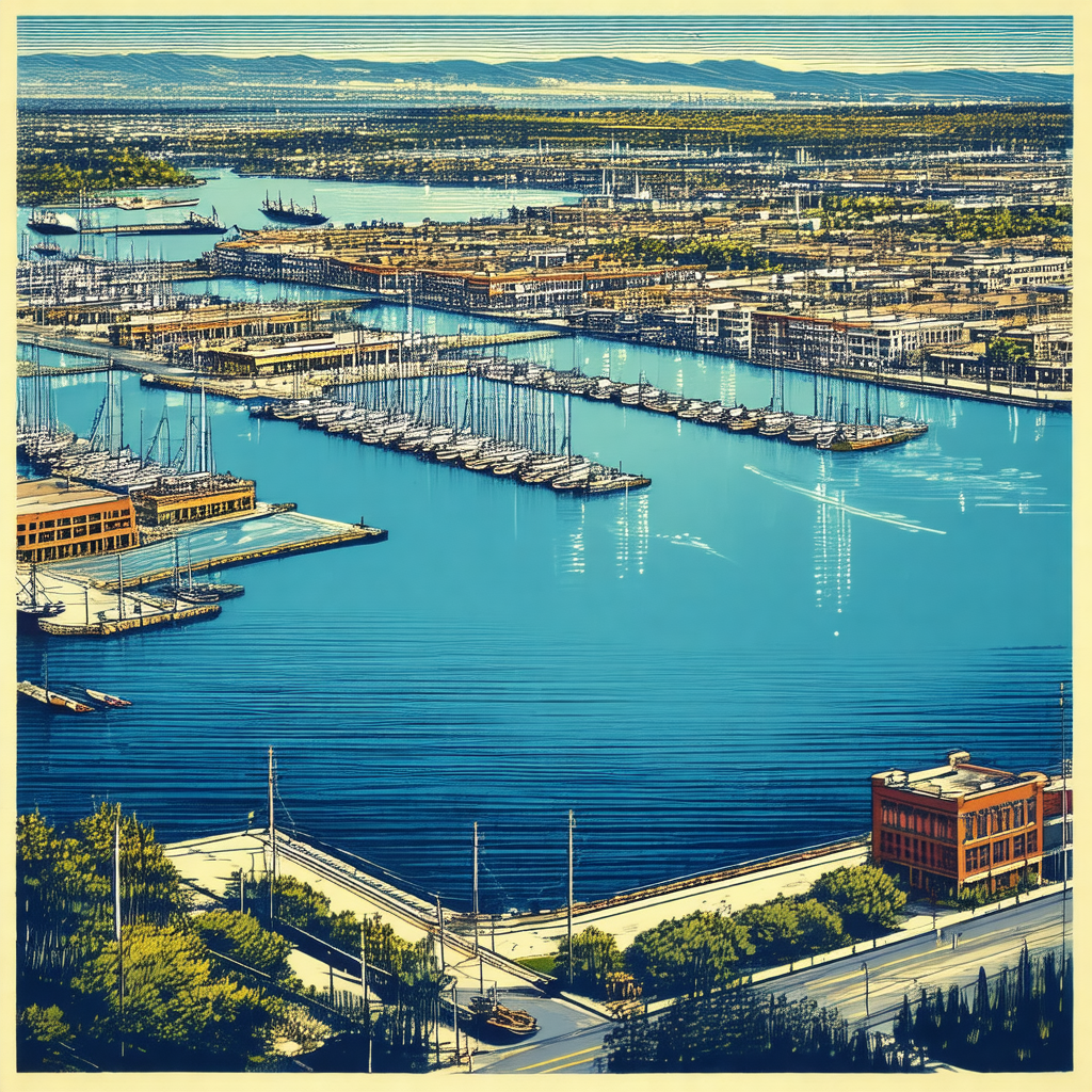 Blue and white painting of a harbor with a large body of ...