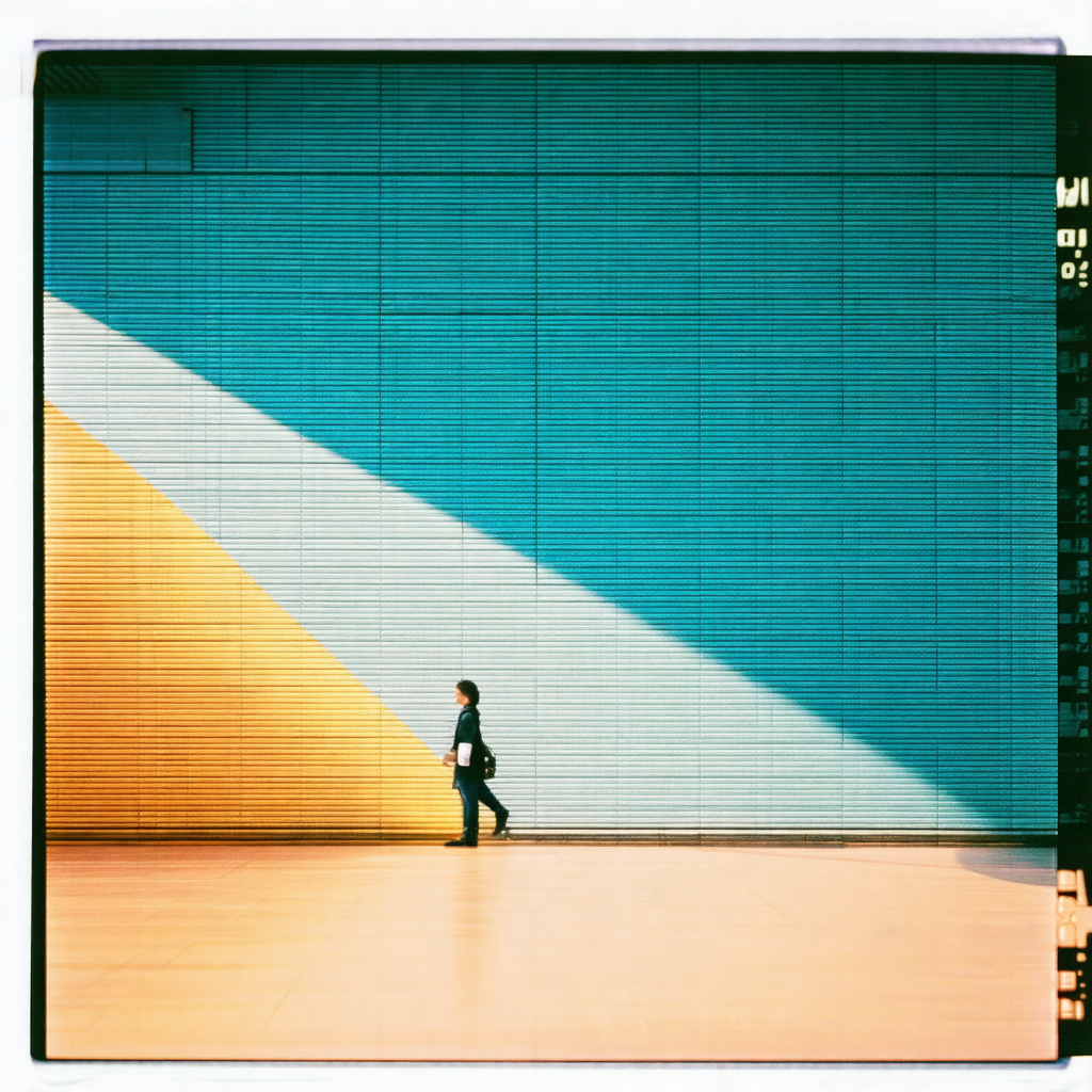 Man walking down a hallway, with a blue wall on his left ...