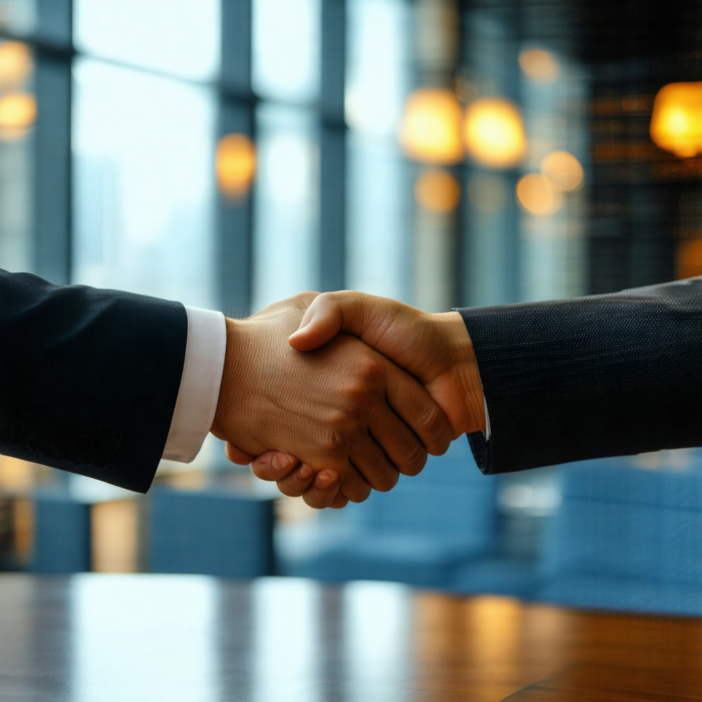Two men shaking hands in a professional setting