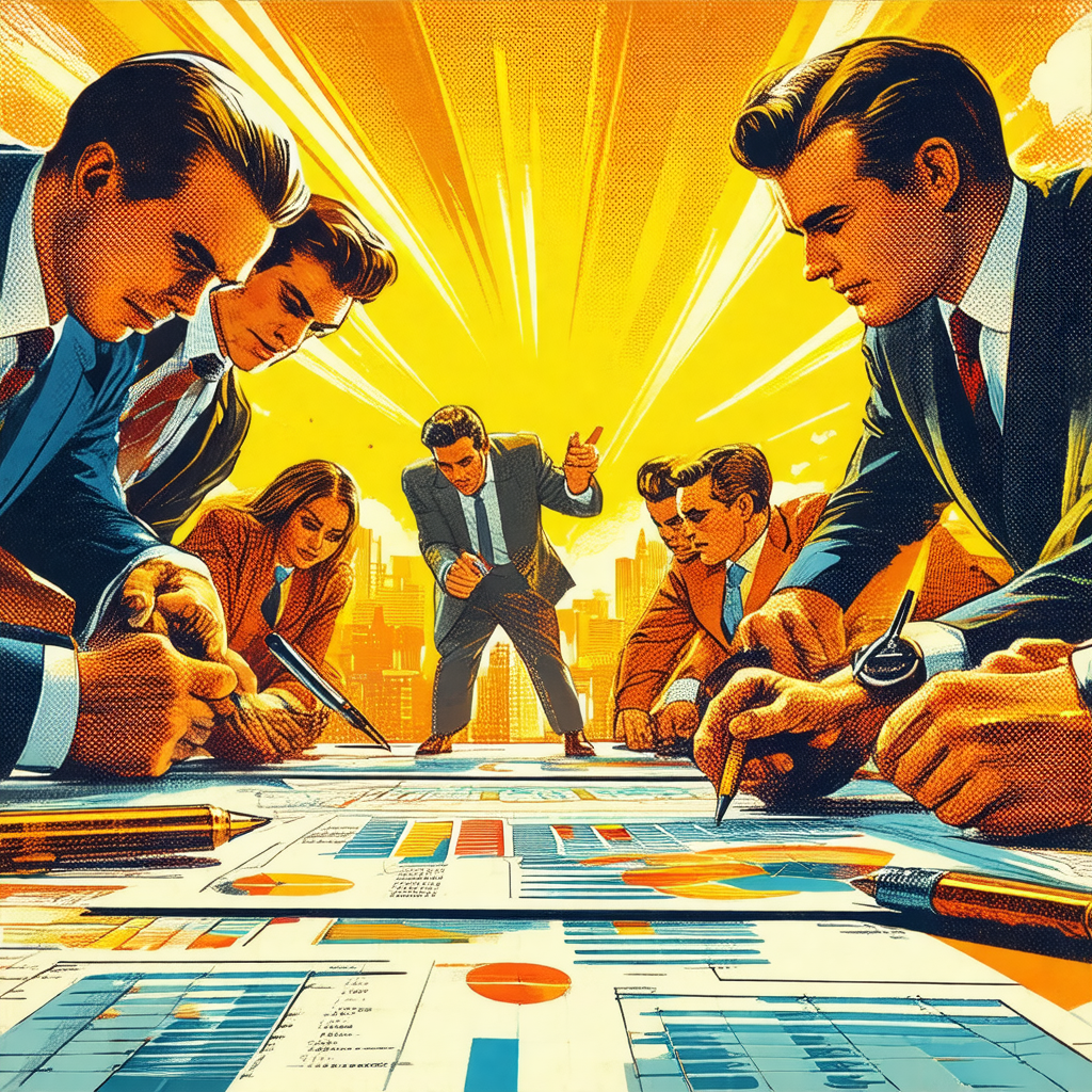 Colorful comic book illustration featuring a group of bus...