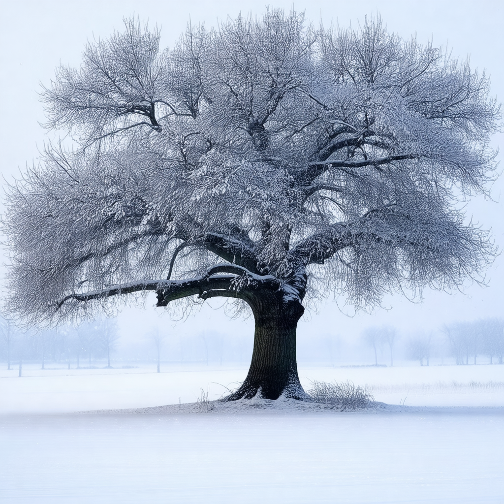 Snow-covered tree with a large trunk, standing in a snowy...