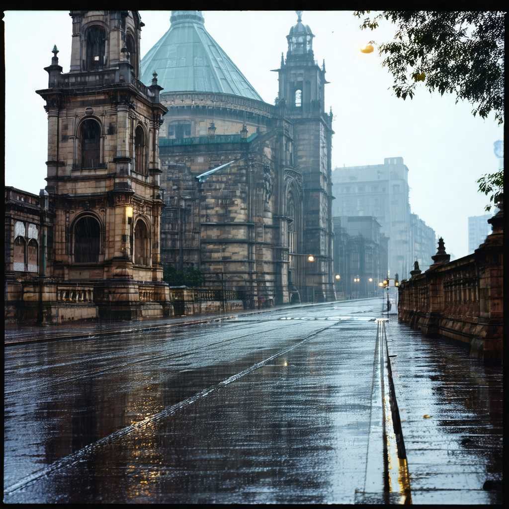 Rainy day in a city, with a large cathedral in the backgr...