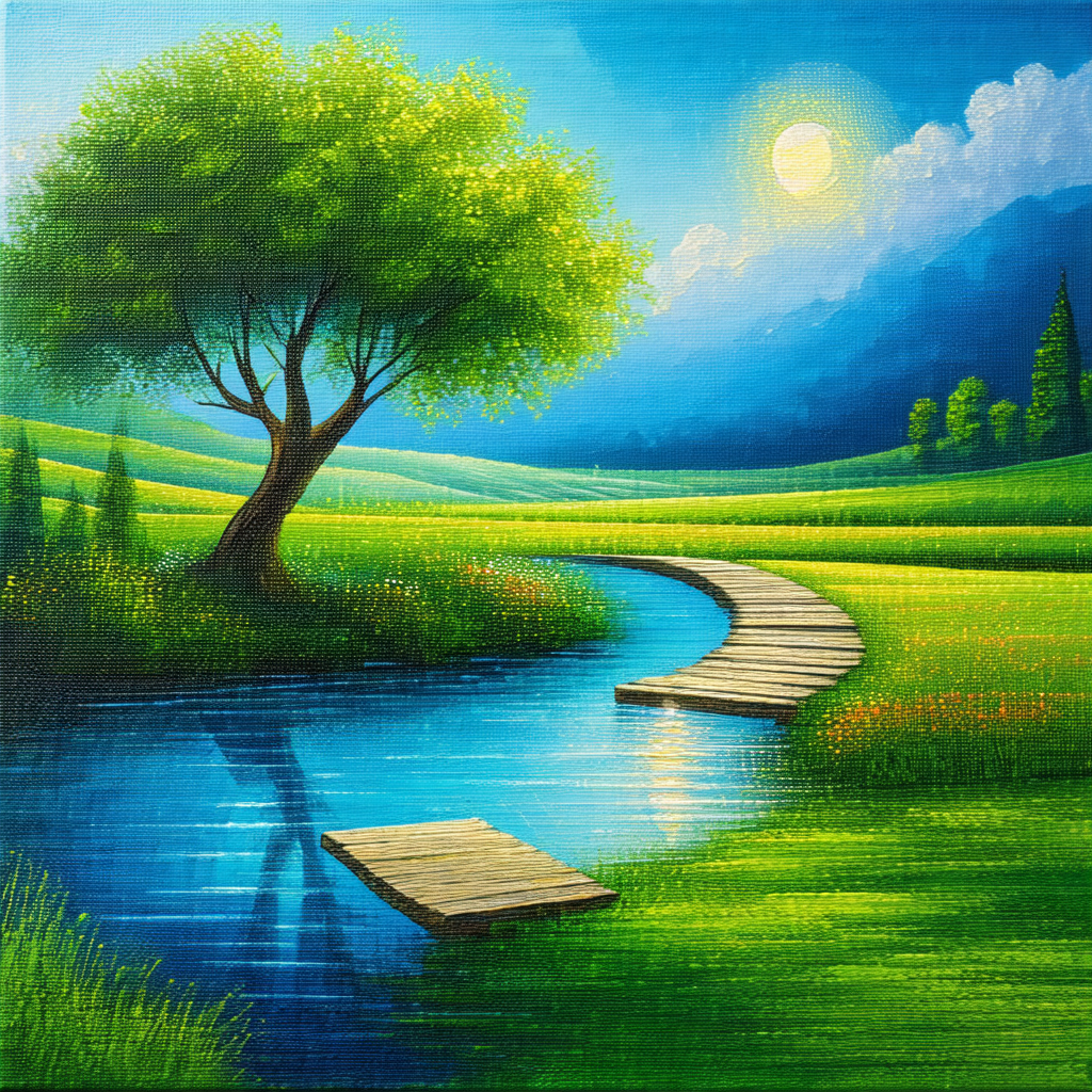 Beautiful scene of a wooden bridge crossing a stream of w...