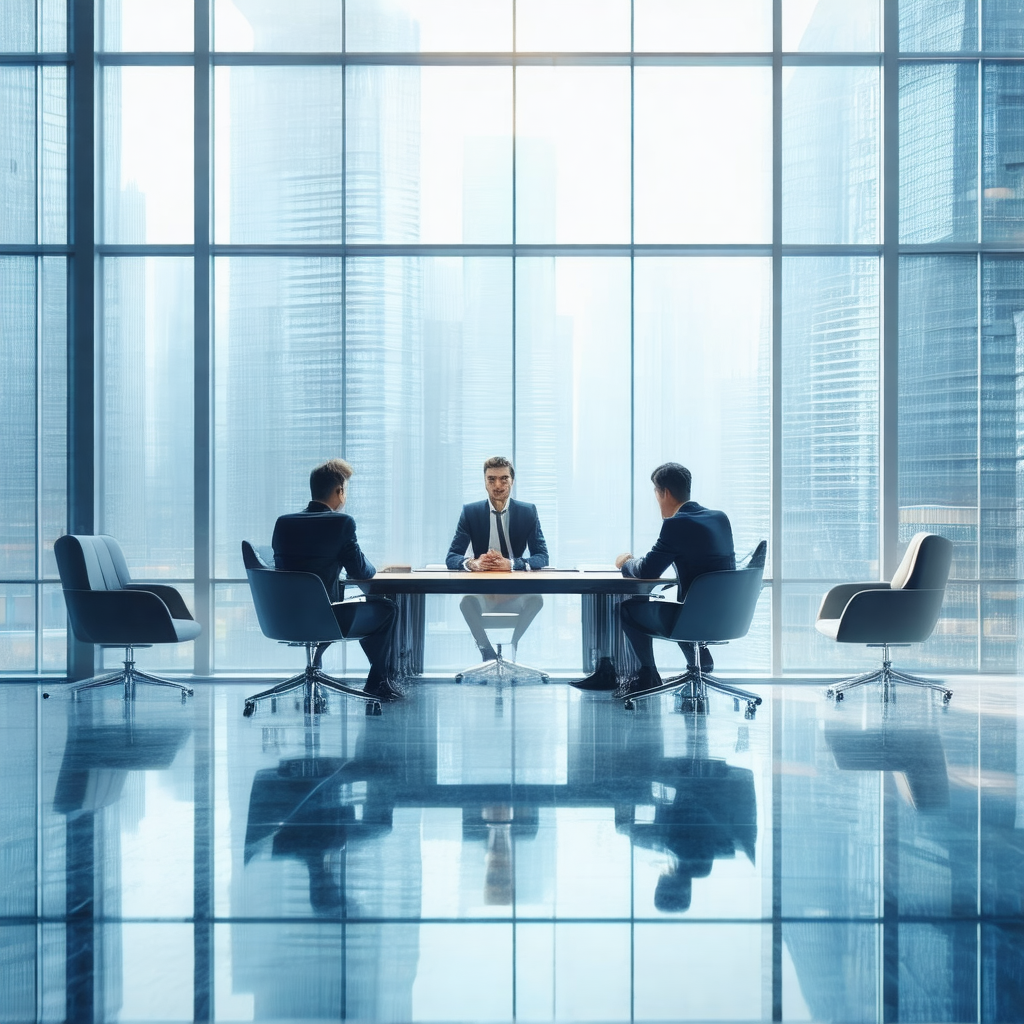 Group of three men sitting around a glass table in a mode...