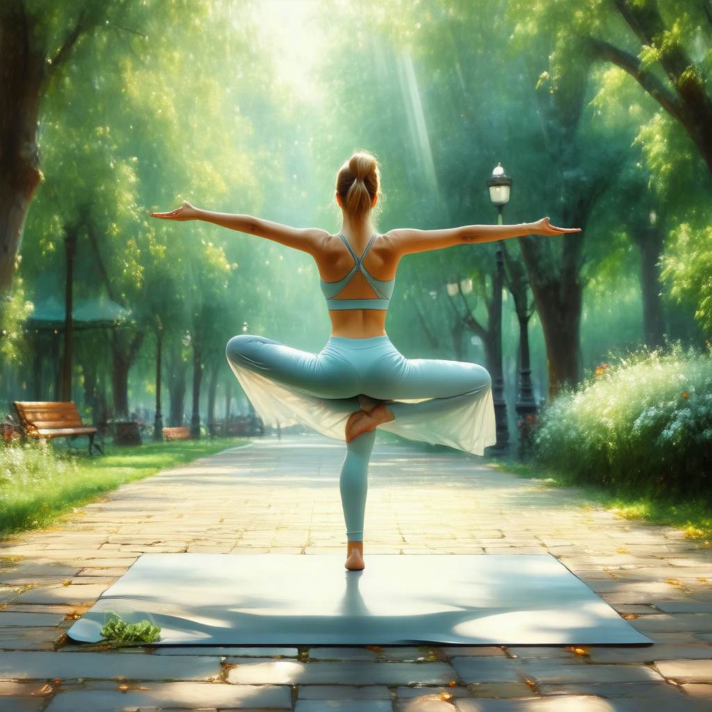Woman in a blue dress standing on a yoga mat in a park