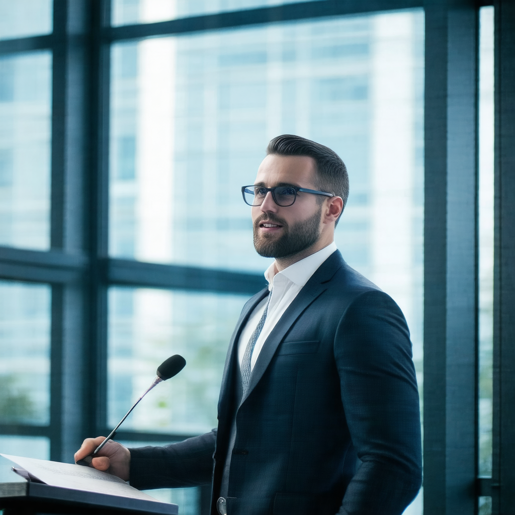 Man wearing a suit and tie, standing in front of a podium