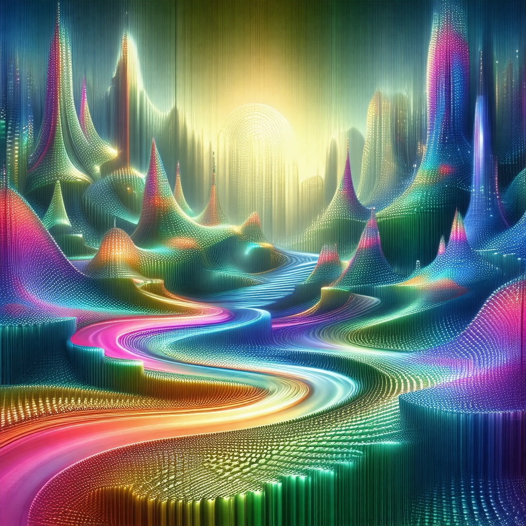Colorful, abstract painting of a mountainous landscape