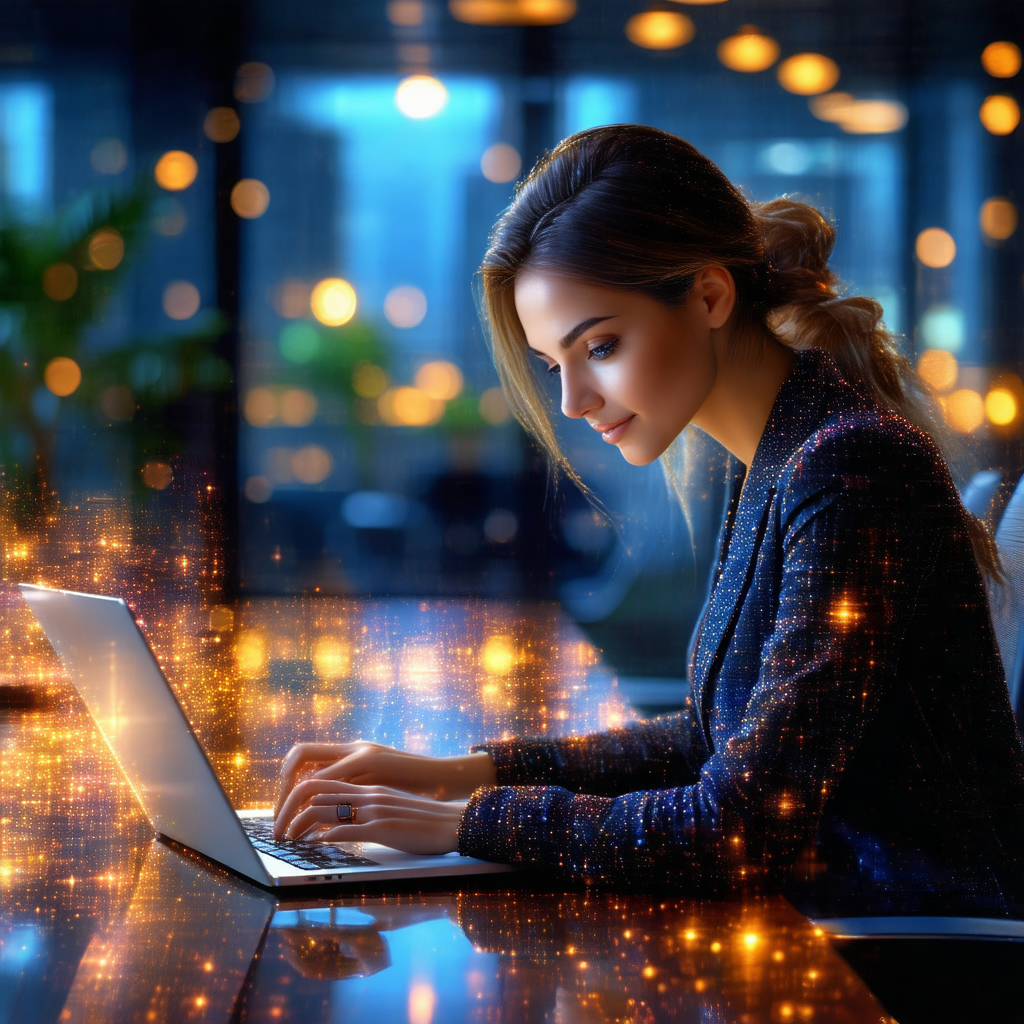 Woman sitting at a desk, working on her laptop