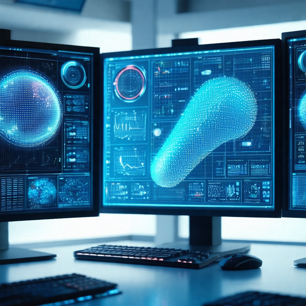 Computer lab with three computer monitors placed on a desk