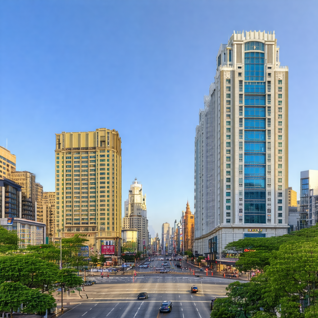Busy city street with tall buildings on both sides