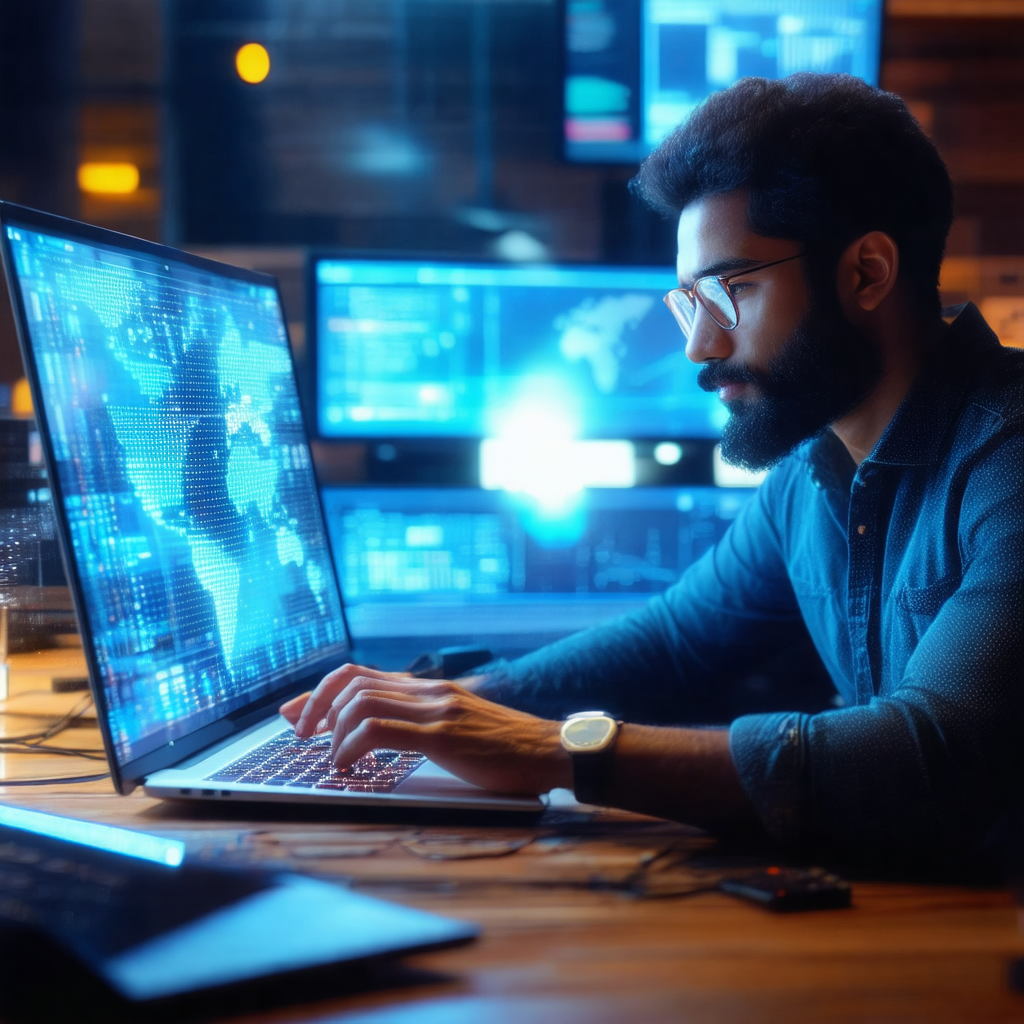 Man sitting at a desk, working on a laptop computer