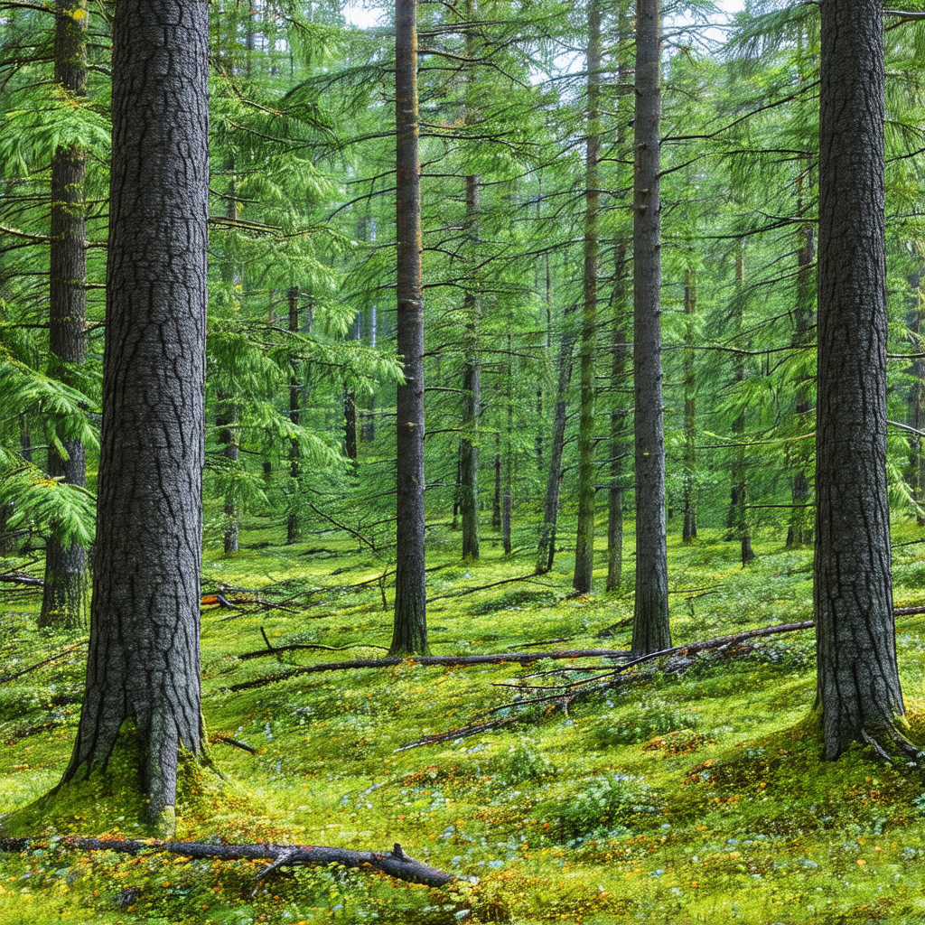 Lush green forest filled with tall trees and a variety of...