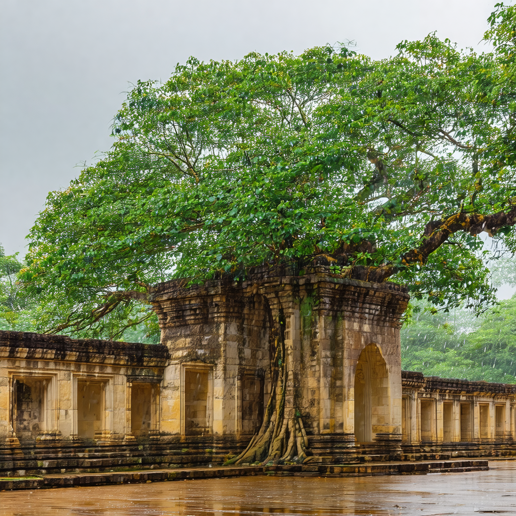 Large tree with a massive trunk, situated in the middle o...
