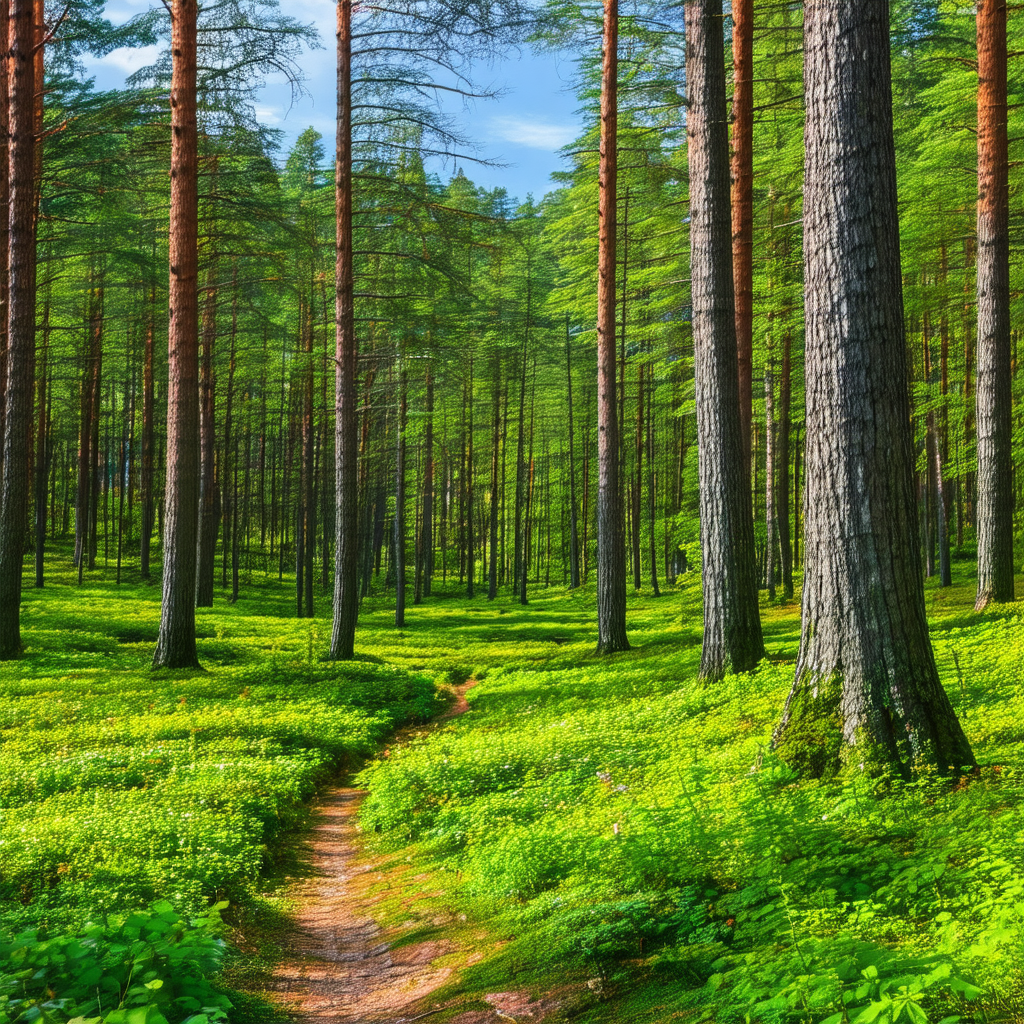 Lush green forest filled with tall trees and a dirt path ...