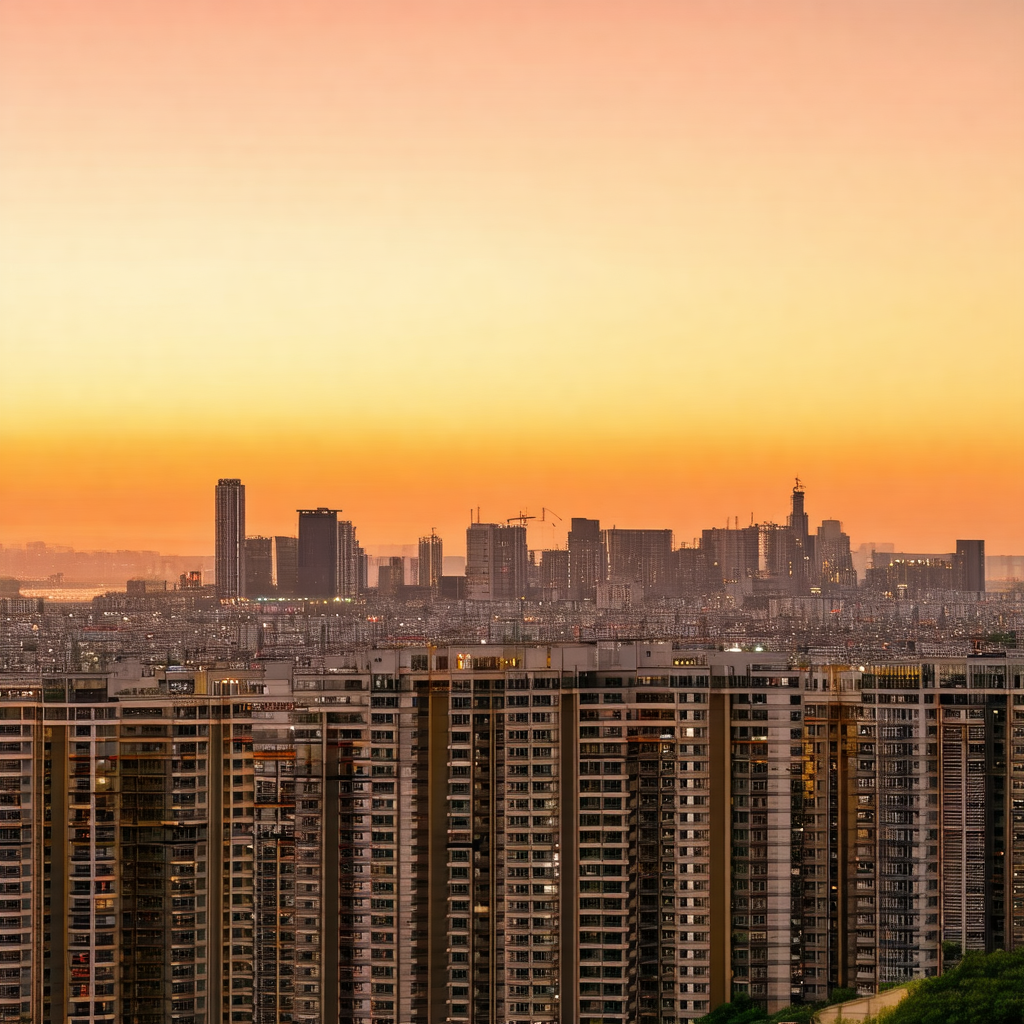 Captures a beautiful sunset over a large city