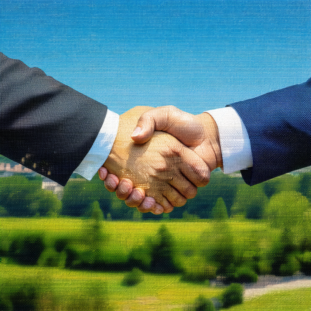 Two men shaking hands in a lush green field