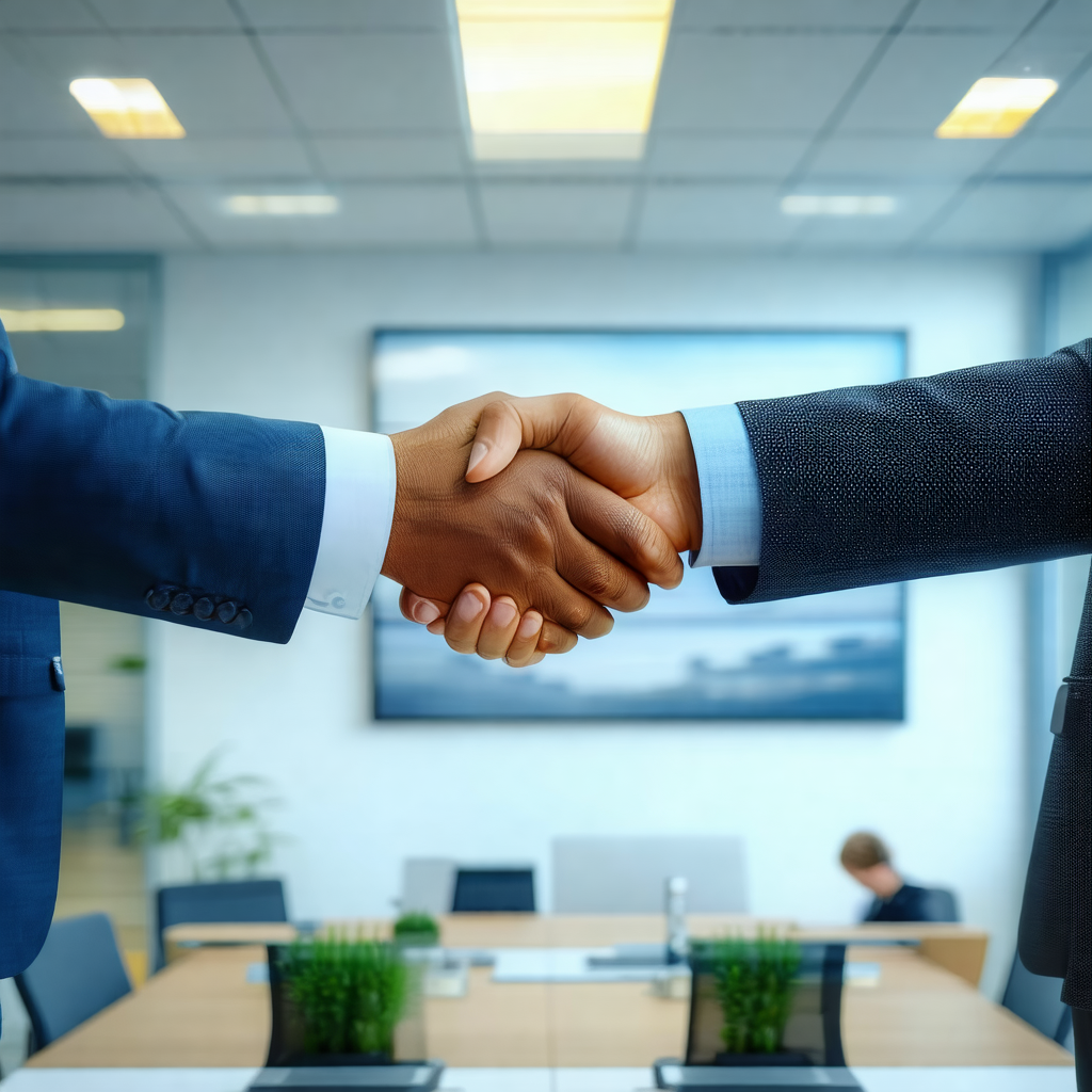 Man shaking hands with another man in a professional offi...