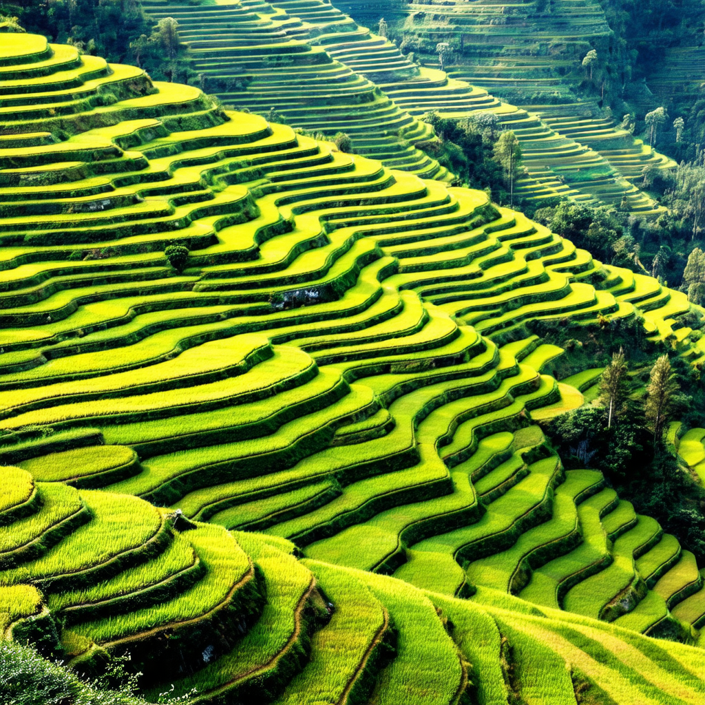 Lush green hillside with a series of terraces and steps c...
