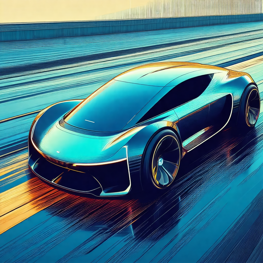 Futuristic illustration of a sleek, blue sports car drivi...