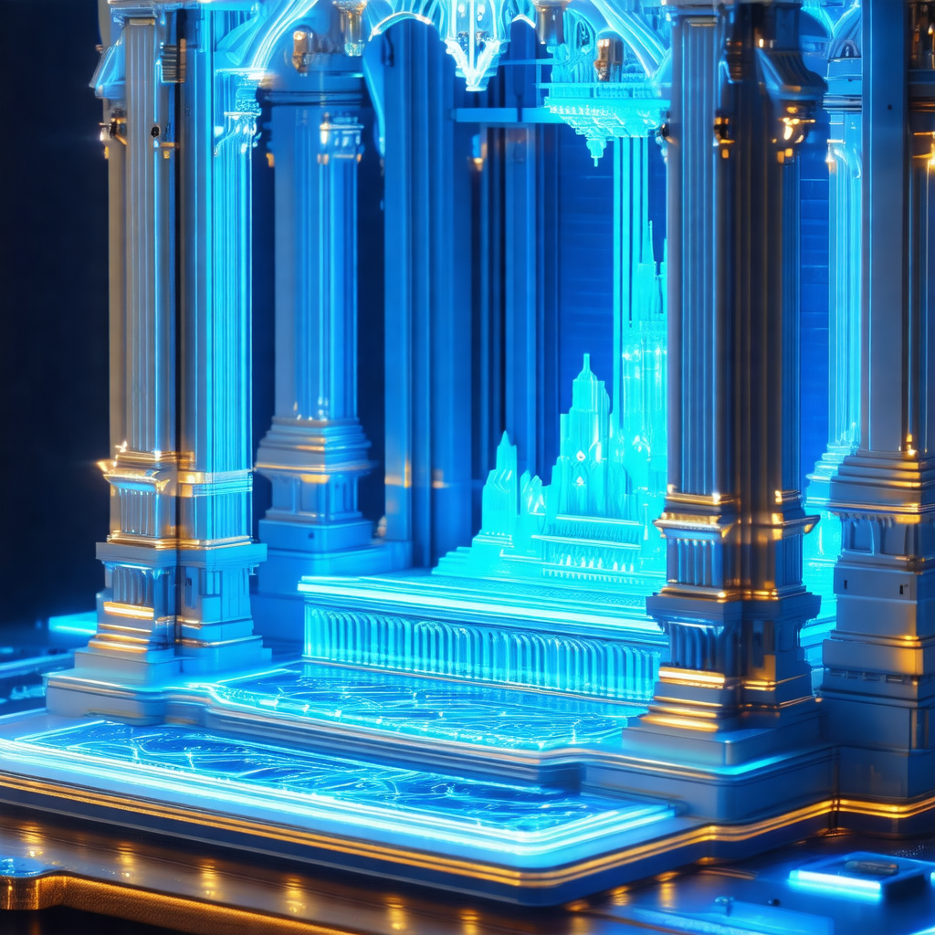 Large, blue, illuminated building with a tall, ornate str...