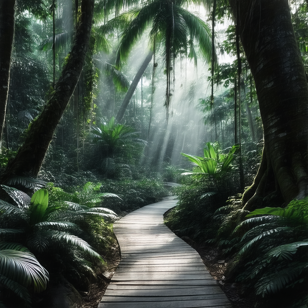 Serene forest scene with a dirt path leading through the ...