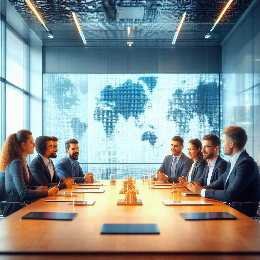 Group of people sitting around a large conference table, ...