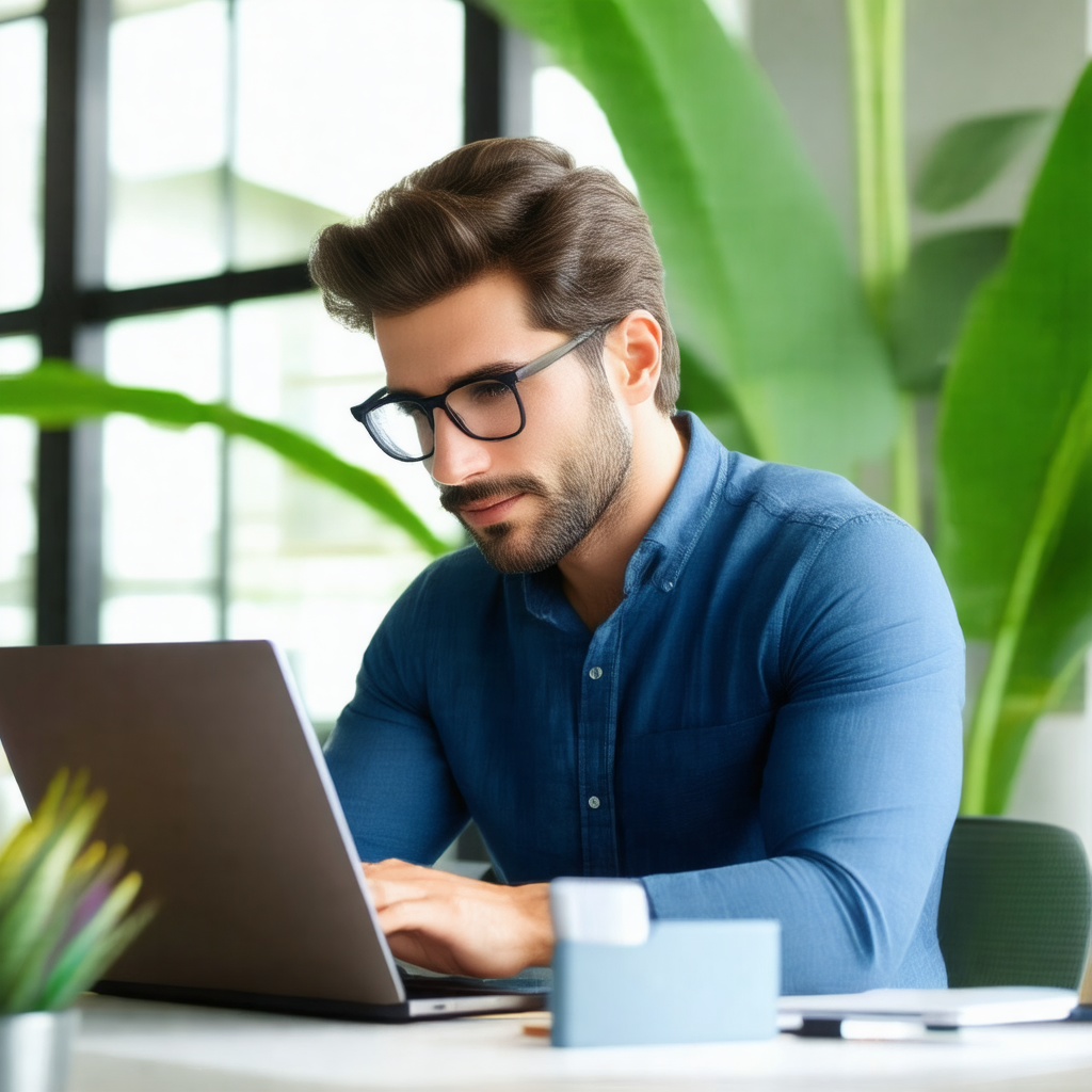 Man sitting at a desk, working on a laptop computer