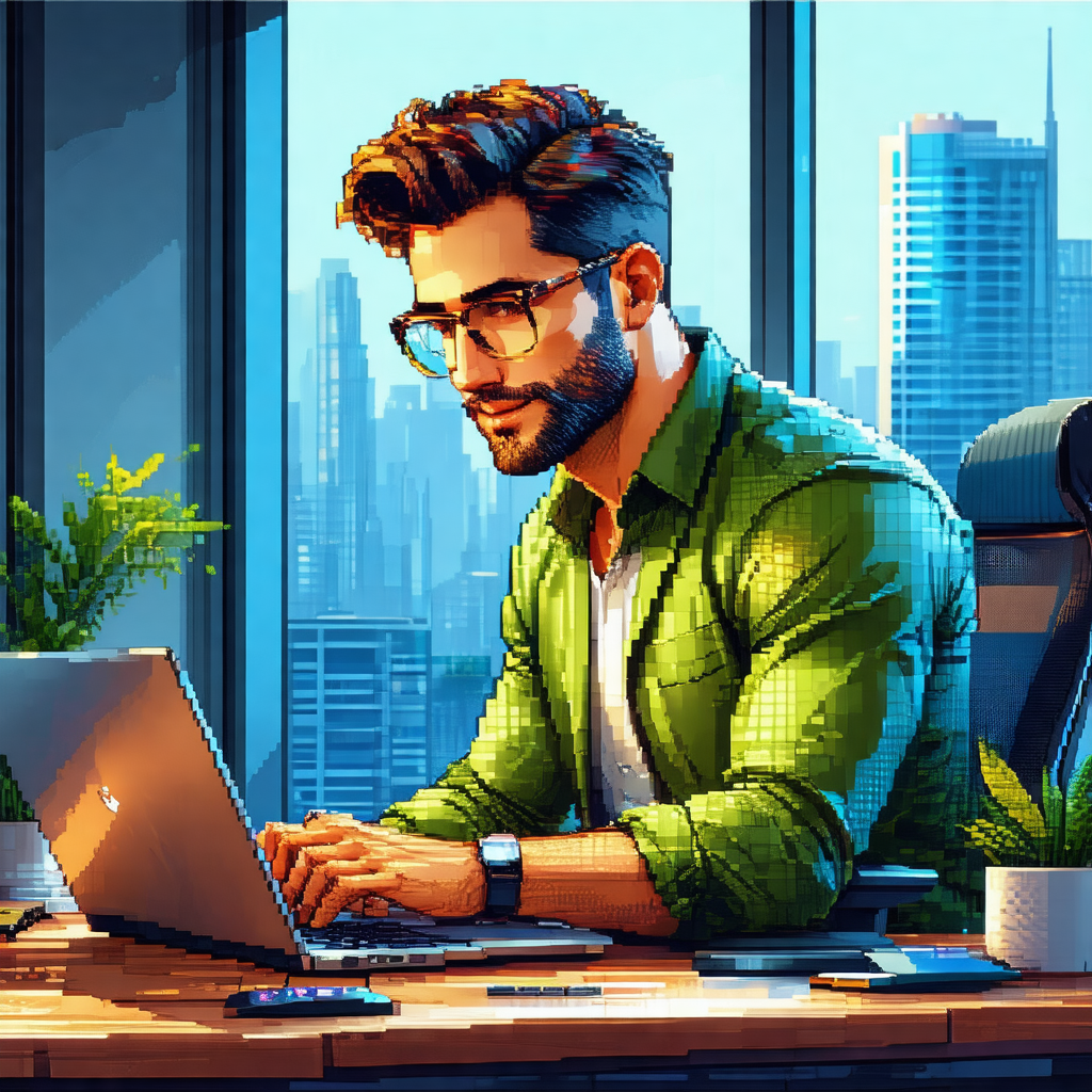 Cartoon-like drawing of a man sitting at a desk, working ...