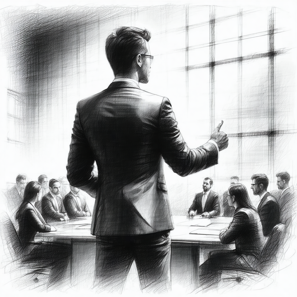 Black and white drawing of a man standing in front of a g...