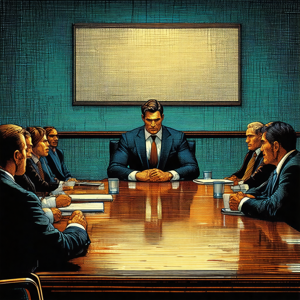 Painting of a man sitting at a large conference table wit...