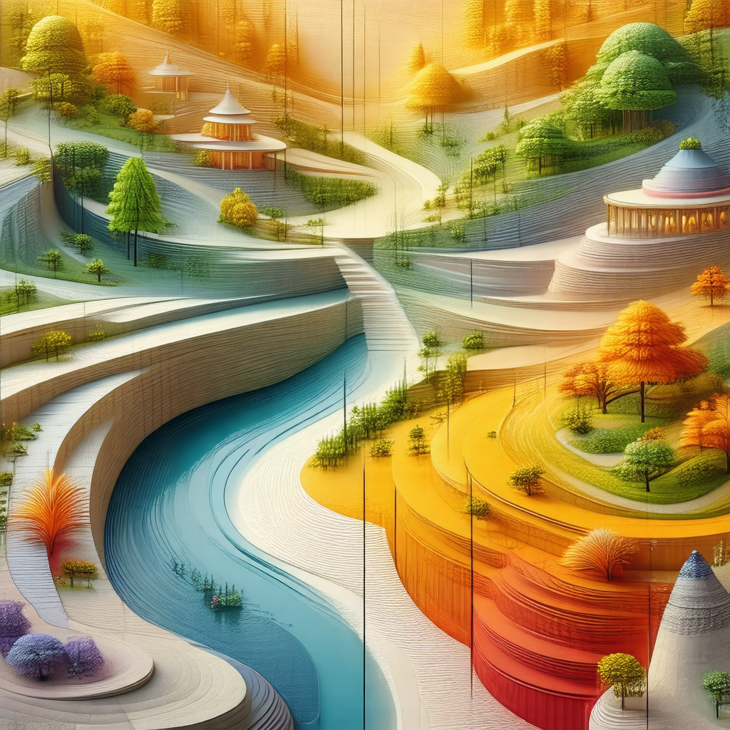 Colorful, three-dimensional painting of a landscape featu...