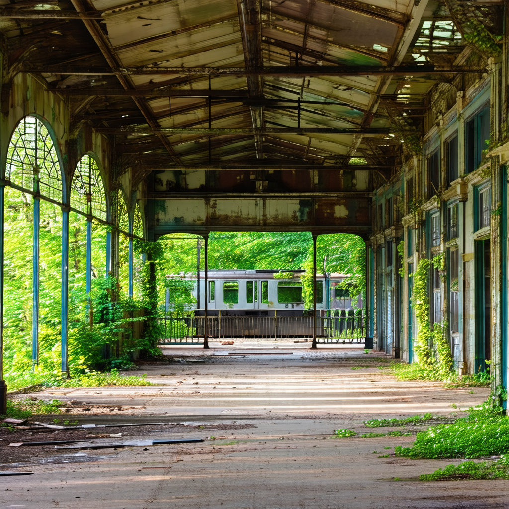 Train station with a train parked inside a large, open bu...