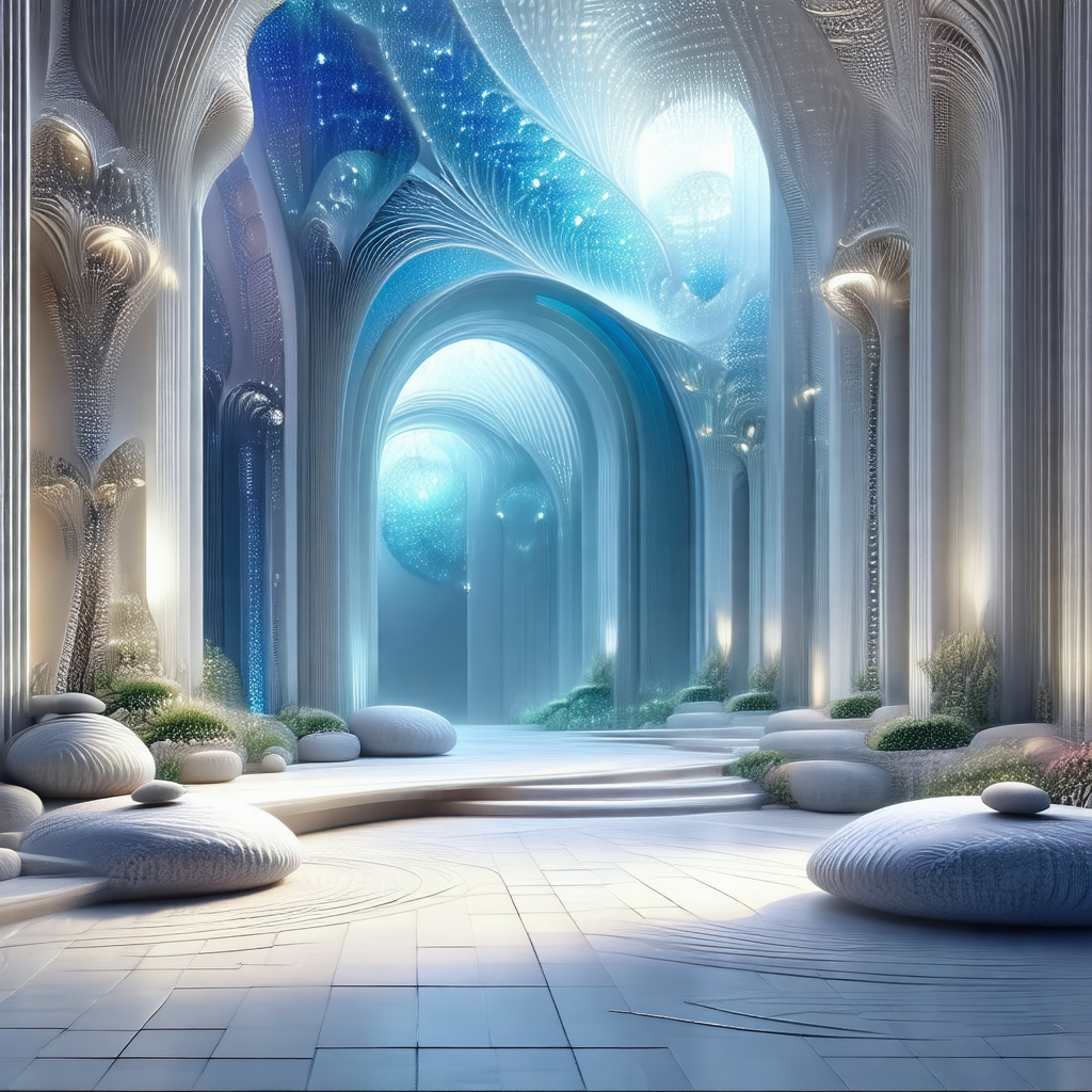 Digital artwork of a futuristic city with a large, open, ...