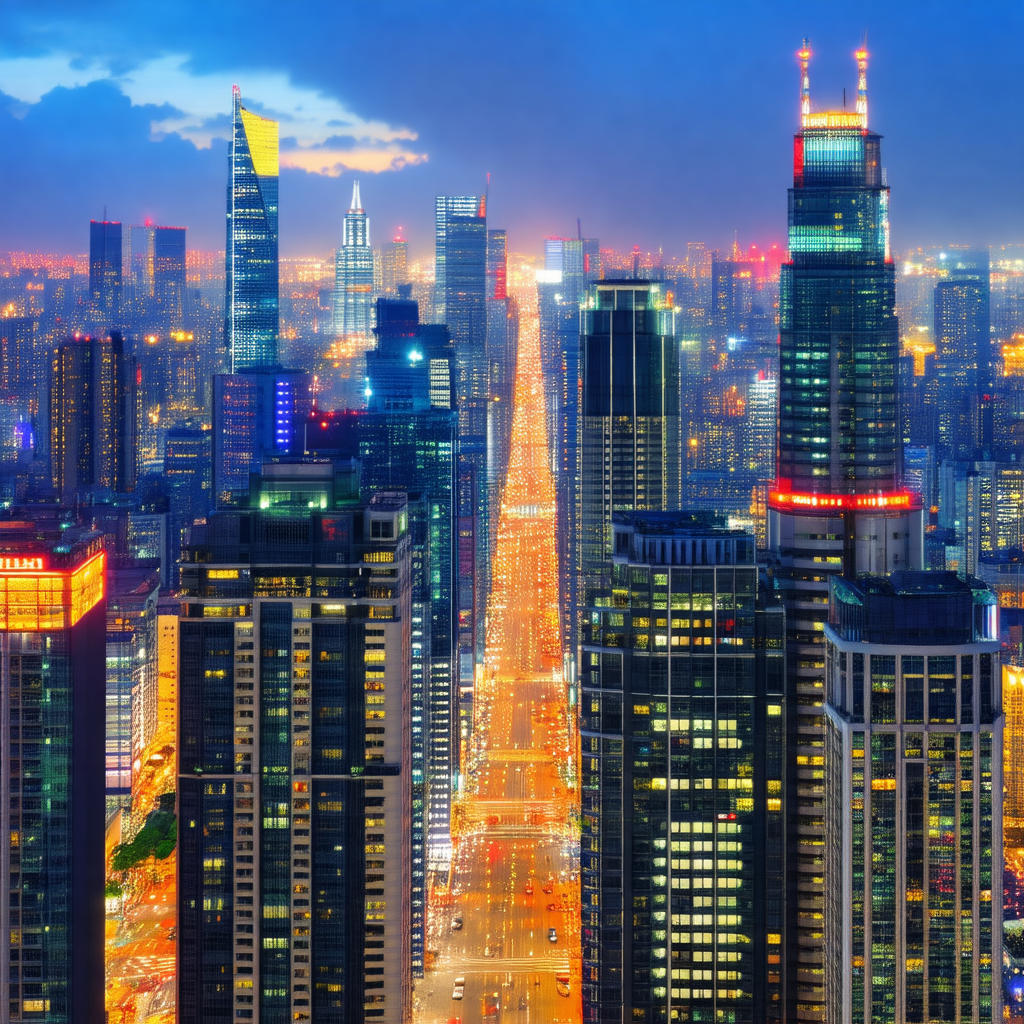 Nighttime view of a city with tall buildings and a busy s...