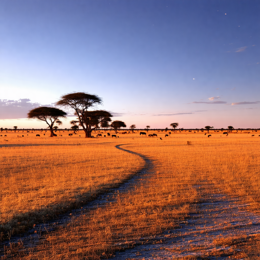 Large herd of wildebeests walking across a dry grass field