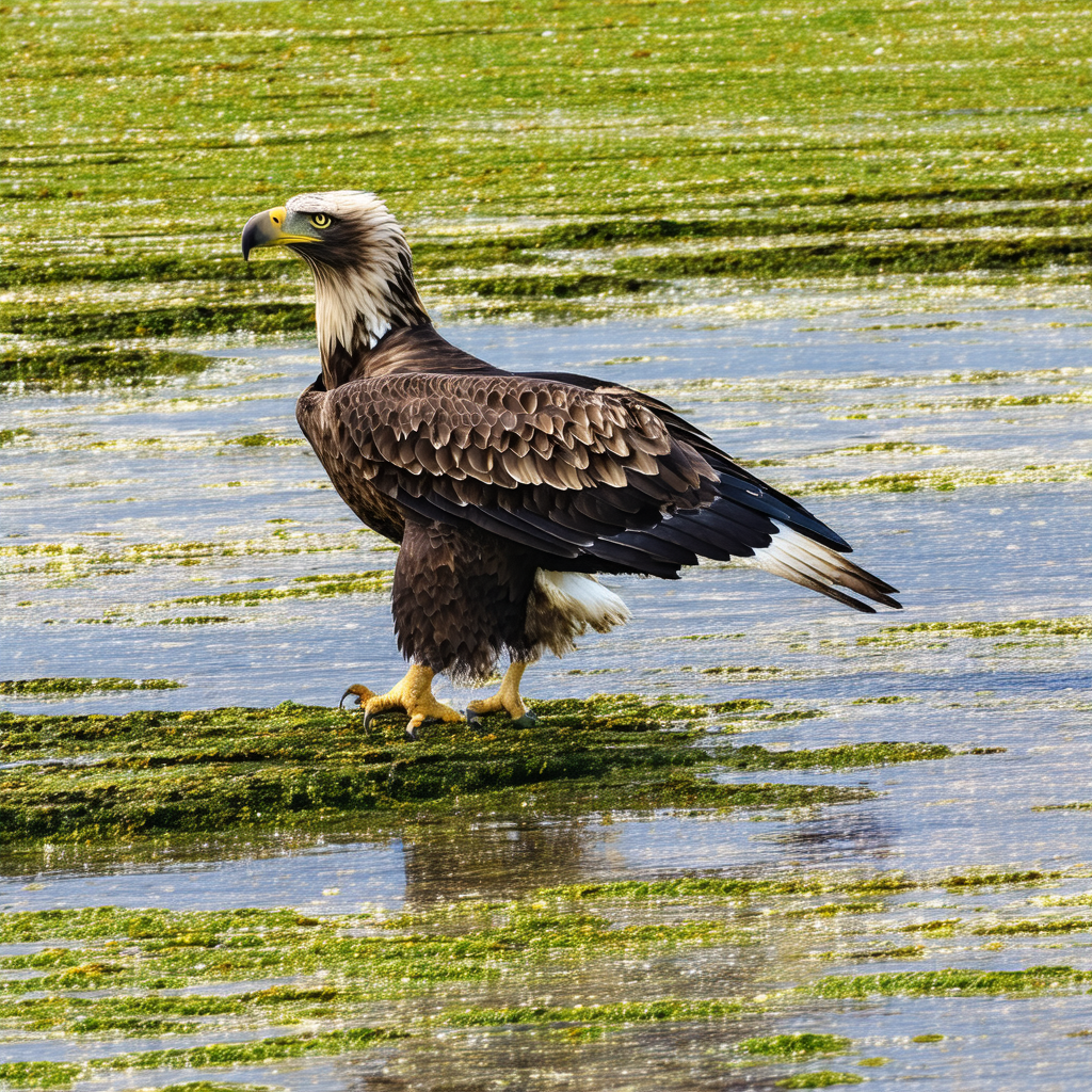 Bald eagle standing on a body of water, possibly a lake o...