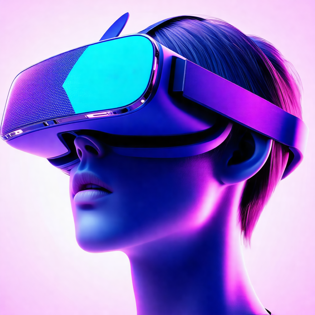 Woman wearing a pair of blue virtual reality goggles