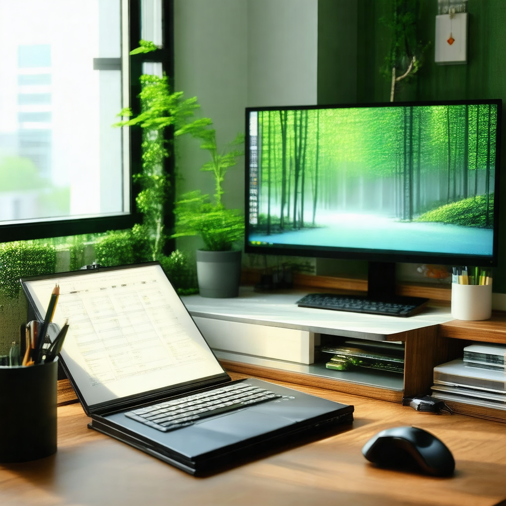 Wooden desk with a laptop computer sitting on top of it
