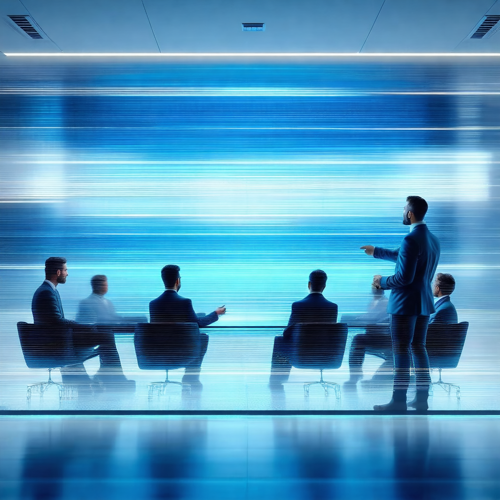 Group of men sitting around a conference table, engaged i...