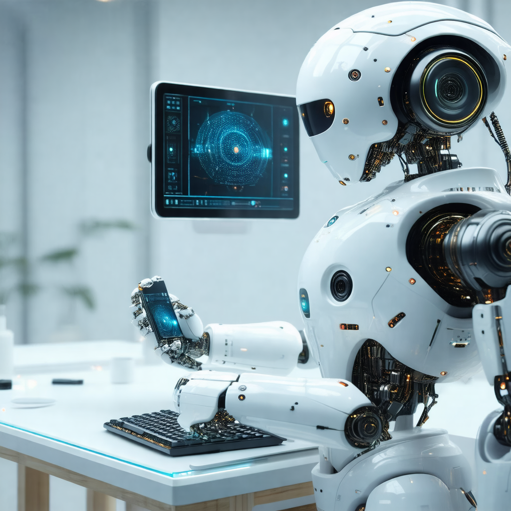 White robot with a large screen on its chest, which appea...