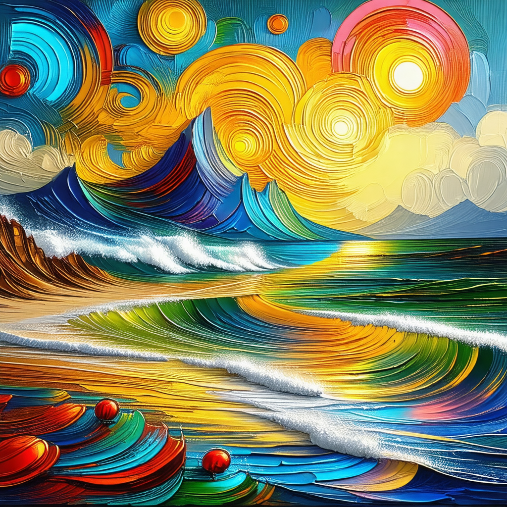 Painting of a beach scene with a large body of water in t...