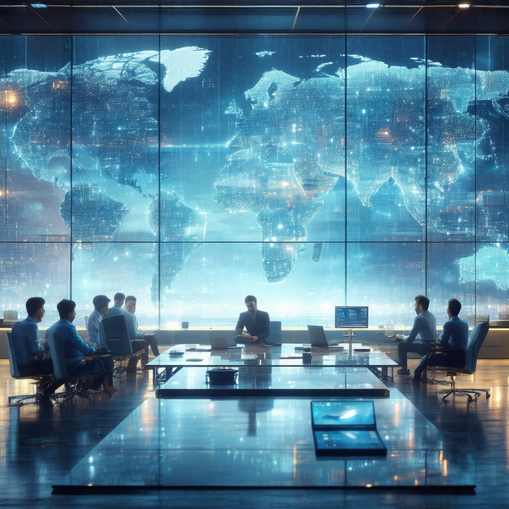 Group of people sitting around a large conference table, ...