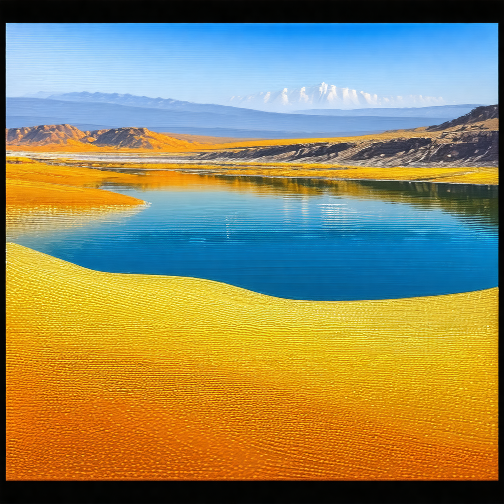 Large body of water, possibly a lake, with a sandy beach ...