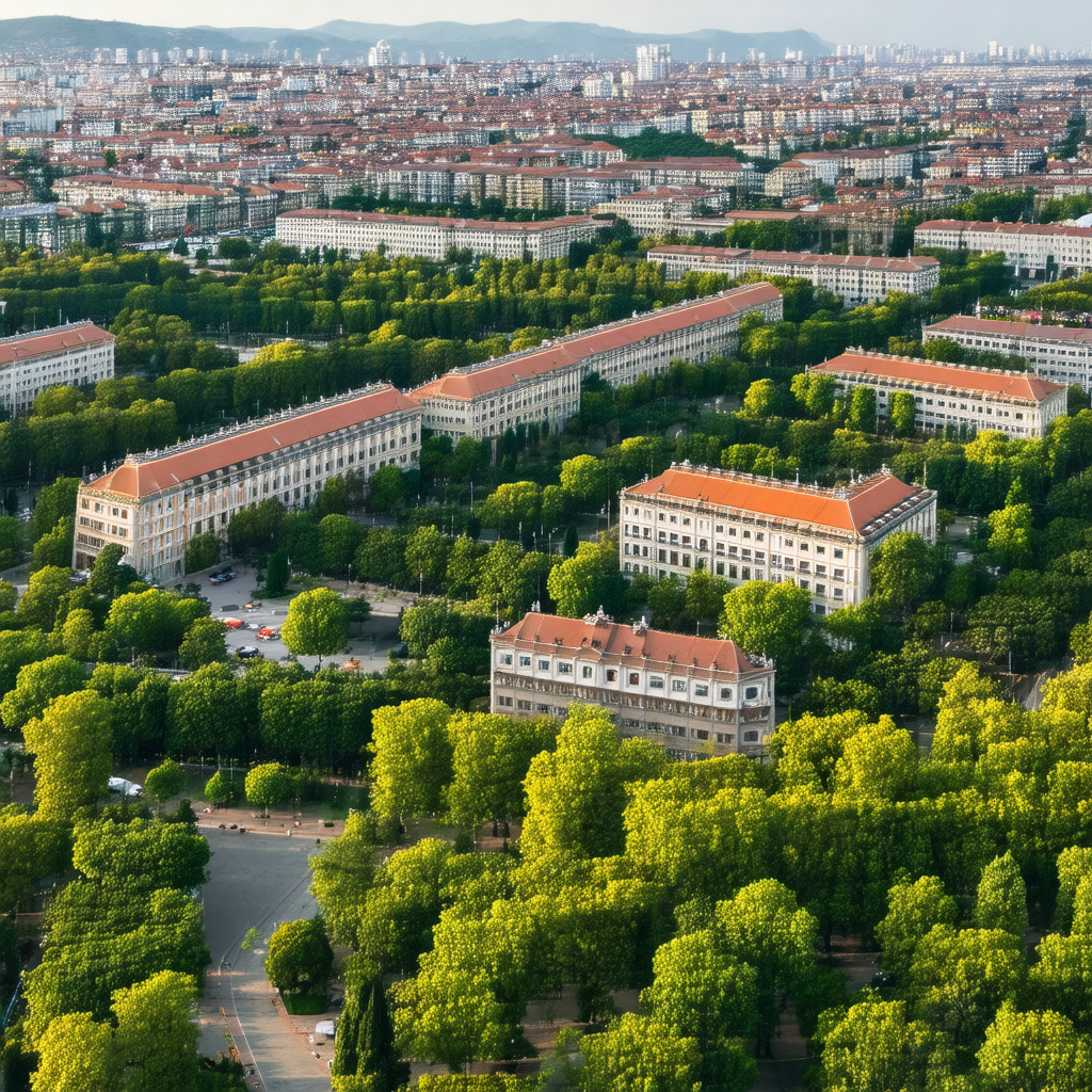 Large city with a dense forest of trees surrounding it